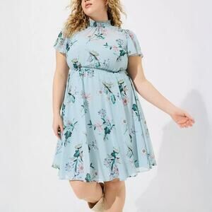 Torrid Blue Floral Mini Chiffon Smocked Dress 3X Plus Size Flutter Sleeve